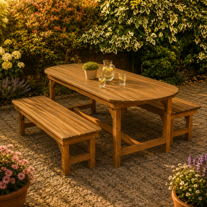 6FT Wooden Garden Table Set with Curved Edge & 2 forms