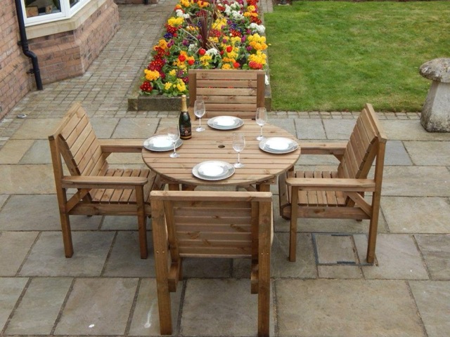 Patio Garden Set - 1.1 Metre Wooden Round Table & 4 Chairs - Image 2