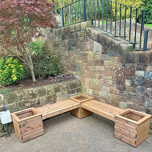 Handcrafted Wooden Corner Planter Bench: Rustic Garden Seating